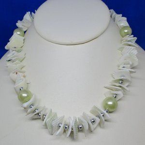 Seashell Necklace Real Seashell Chips Faux Pearls SilverTone Plastic Spacer Bead